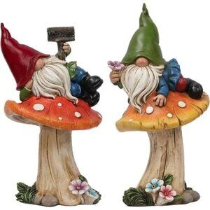 Garden Gnome Mushroom Statues, Lawn Ornaments, Set of 2 Outdoor Gnomes Mushrooms